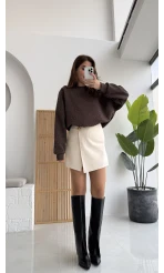 Broşlu Şort Etek - Ekru