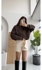 Broşlu Şort Etek - Ekru