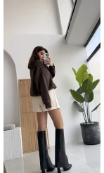 Broşlu Şort Etek - Ekru