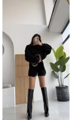 Broşlu Şort Etek - Siyah