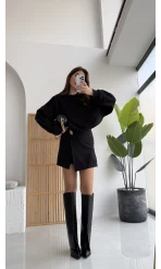 Broşlu Şort Etek - Siyah