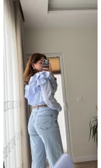 Bukle Fırfırlı Gömlek Mavi Düz