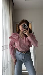 Bukle Fırfırlı Gömlek Pembe Düz