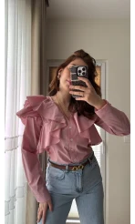 Bukle Fırfırlı Gömlek Pembe Düz