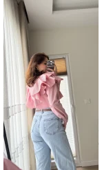 Bukle Fırfırlı Gömlek Pembe Düz