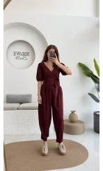 Bürümcük Kumaş Bağlamalı Üst Şalvar Takım - Bordo - 1018 - 4022