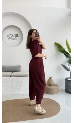 Bürümcük Kumaş Bağlamalı Üst Şalvar Takım - Bordo - 1018 - 4022