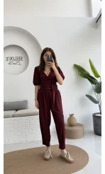 Bürümcük Kumaş Bağlamalı Üst Şalvar Takım - Bordo - 1018 - 4022