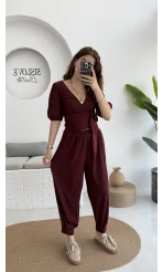 Bürümcük Kumaş Bağlamalı Üst Şalvar Takım - Bordo - 1018 - 4022
