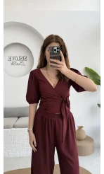 Bürümcük Kumaş Bağlamalı Üst Şalvar Takım - Bordo - 1018 - 4022