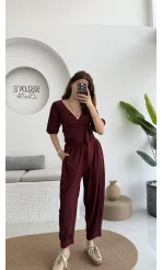 Bürümcük Kumaş Bağlamalı Üst Şalvar Takım - Bordo - 1018 - 4022