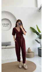 Bürümcük Kumaş Bağlamalı Üst Şalvar Takım - Bordo - 1018 - 4022
