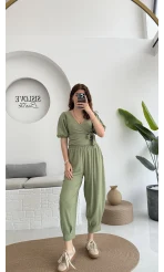 Bürümcük Kumaş Bağlamalı Üst Şalvar Takım - Çağla Yeşili - 1018 - 4022