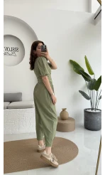 Bürümcük Kumaş Bağlamalı Üst Şalvar Takım - Çağla Yeşili - 1018 - 4022