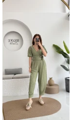 Bürümcük Kumaş Bağlamalı Üst Şalvar Takım - Çağla Yeşili - 1018 - 4022