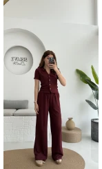 Bürümcük Kumaş Kısa Gömlek Pantolon Takım Bordo - 2096 - 4023