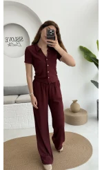 Bürümcük Kumaş Kısa Gömlek Pantolon Takım Bordo - 2096 - 4023