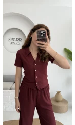 Bürümcük Kumaş Kısa Gömlek Pantolon Takım Bordo - 2096 - 4023