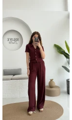 Bürümcük Kumaş Kısa Gömlek Pantolon Takım Bordo - 2096 - 4023