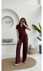Bürümcük Kumaş Kısa Gömlek Pantolon Takım Bordo - 2096 - 4023