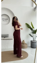 Bürümcük Kumaş Kısa Gömlek Pantolon Takım Bordo - 2096 - 4023