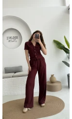 Bürümcük Kumaş Kısa Gömlek Pantolon Takım Bordo - 2096 - 4023