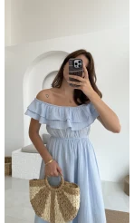 Butterfly Fırfır Detay Müslin Elbise - Bebe Mavi