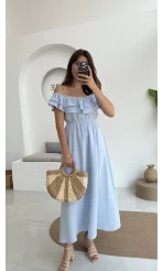 Butterfly Fırfır Detay Müslin Elbise - Bebe Mavi