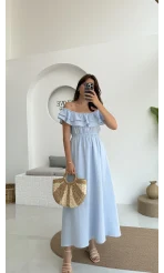 Butterfly Fırfır Detay Müslin Elbise - Bebe Mavi