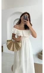 Butterfly Fırfır Detay Müslin Elbise - Beyaz