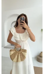 Butterfly Fırfır Detay Müslin Elbise - Beyaz