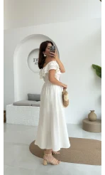 Butterfly Fırfır Detay Müslin Elbise - Beyaz