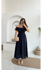 Butterfly Fırfır Detay Müslin Elbise - Lacivert