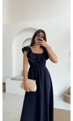 Butterfly Fırfır Detay Müslin Elbise - Lacivert