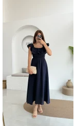 Butterfly Fırfır Detay Müslin Elbise - Lacivert