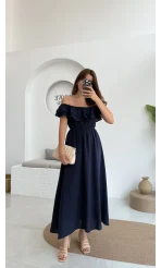 Butterfly Fırfır Detay Müslin Elbise - Lacivert