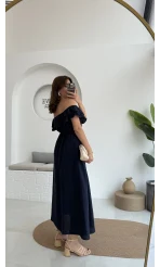 Butterfly Fırfır Detay Müslin Elbise - Lacivert