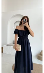 Butterfly Fırfır Detay Müslin Elbise - Lacivert