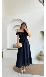 Butterfly Fırfır Detay Müslin Elbise - Lacivert