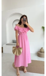 Butterfly Fırfır Detay Müslin Elbise - Pembe