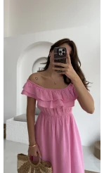 Butterfly Fırfır Detay Müslin Elbise - Pembe