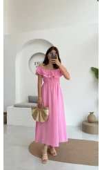 Butterfly Fırfır Detay Müslin Elbise - Pembe