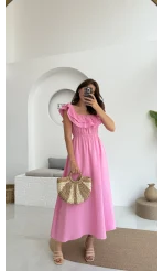 Butterfly Fırfır Detay Müslin Elbise - Pembe