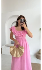 Butterfly Fırfır Detay Müslin Elbise - Pembe