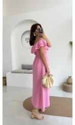 Butterfly Fırfır Detay Müslin Elbise - Pembe