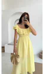 Butterfly Fırfır Detay Müslin Elbise - Sarı