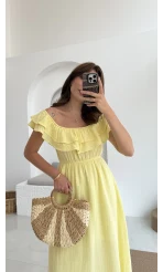 Butterfly Fırfır Detay Müslin Elbise - Sarı