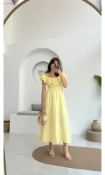 Butterfly Fırfır Detay Müslin Elbise - Sarı