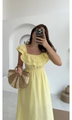 Butterfly Fırfır Detay Müslin Elbise - Sarı