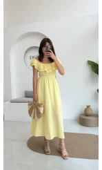 Butterfly Fırfır Detay Müslin Elbise - Sarı
